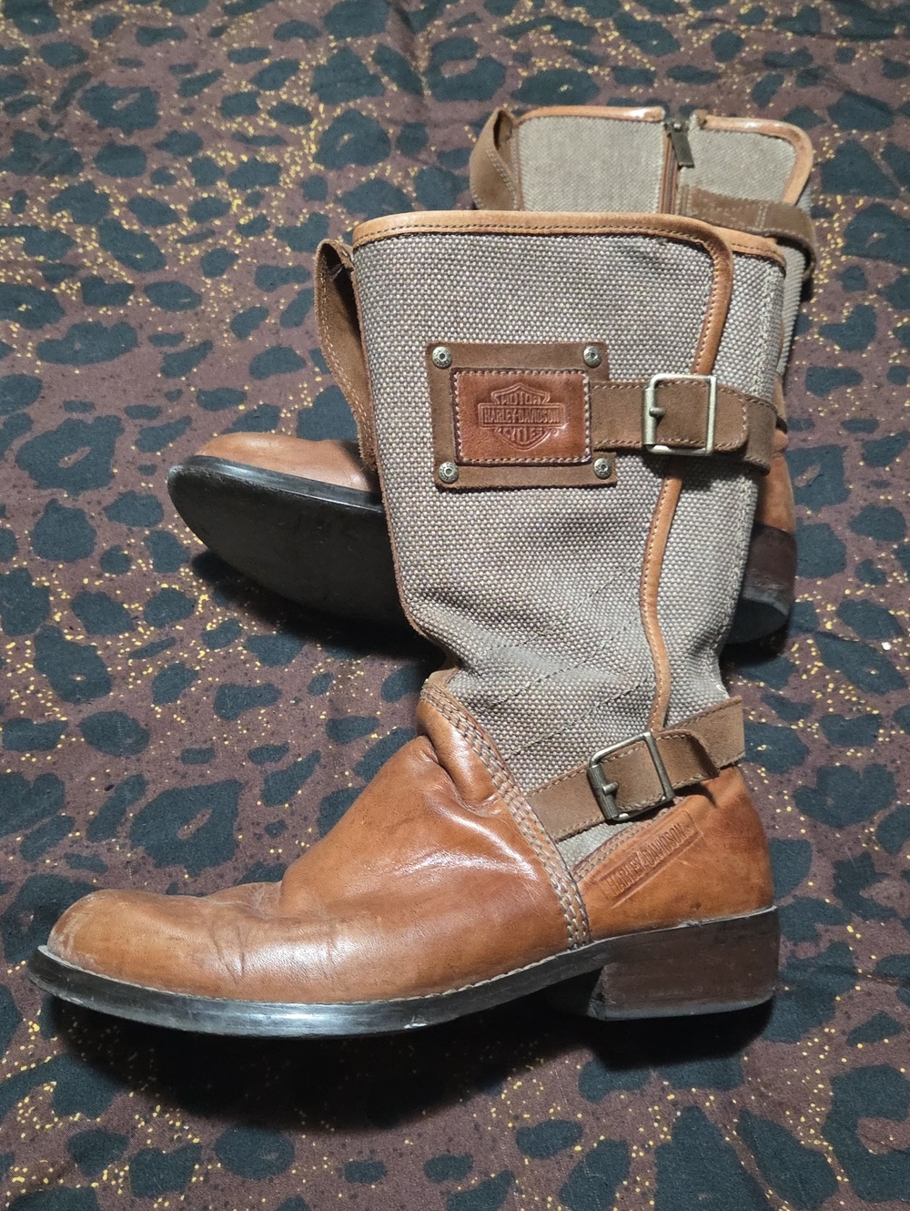 Harley-Davidson Brown and Tan Canvas Mid-Calf Riding Boots